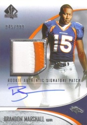 Brandon Marshall player worn jersey patch football card (Denver Broncos)  2007 Donruss Threads #132