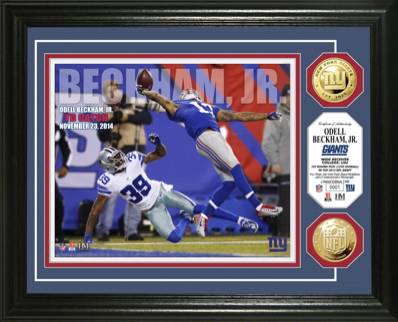 Odell Beckham Signed New York 8x10 One Handed Catch *Blue Jersey