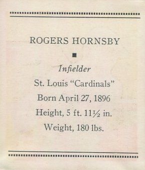 1933 Tattoo Orbit Baseball Roger Hornsby back