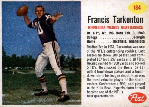 Top Fran Tarkenton Football Cards, Rookies, Vintage, Autographs, Inserts