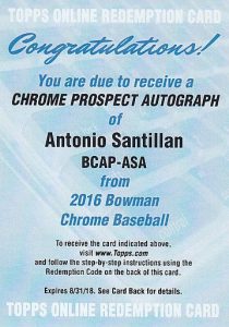 2016 Bowman Chrome Baseball Prospect Autographs Antonio Tony Santillan