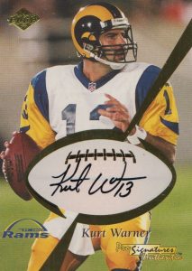 Dan Marino, Kurt Warner autographed card with coa