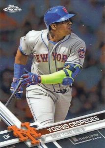 Yoenis Cespedes player worn jersey patch baseball card (New York Mets, JZ)  2017 Topps #MLMYC pinstripe