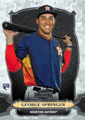 George Springer player worn jersey patch baseball card (Houston Astros)  2019 Topps Tribute Triple #TTRGSP LE 40/50