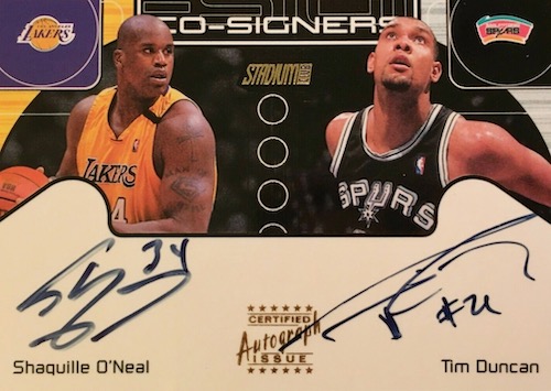 Top Tim Duncan Cards Best Rookies Most Valuable Autographs Inserts   2000 01 Stadium Club Co Signers Shaquille ONeal Tim Duncan Dual Autograph 