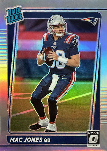 Mac Jones 2021 Donruss Mint Rated Rookie Card #255 picturing this First  Round Pick in his Blue New England Patriots Jersey