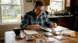 Collector reviewing rookie sports cards at home table